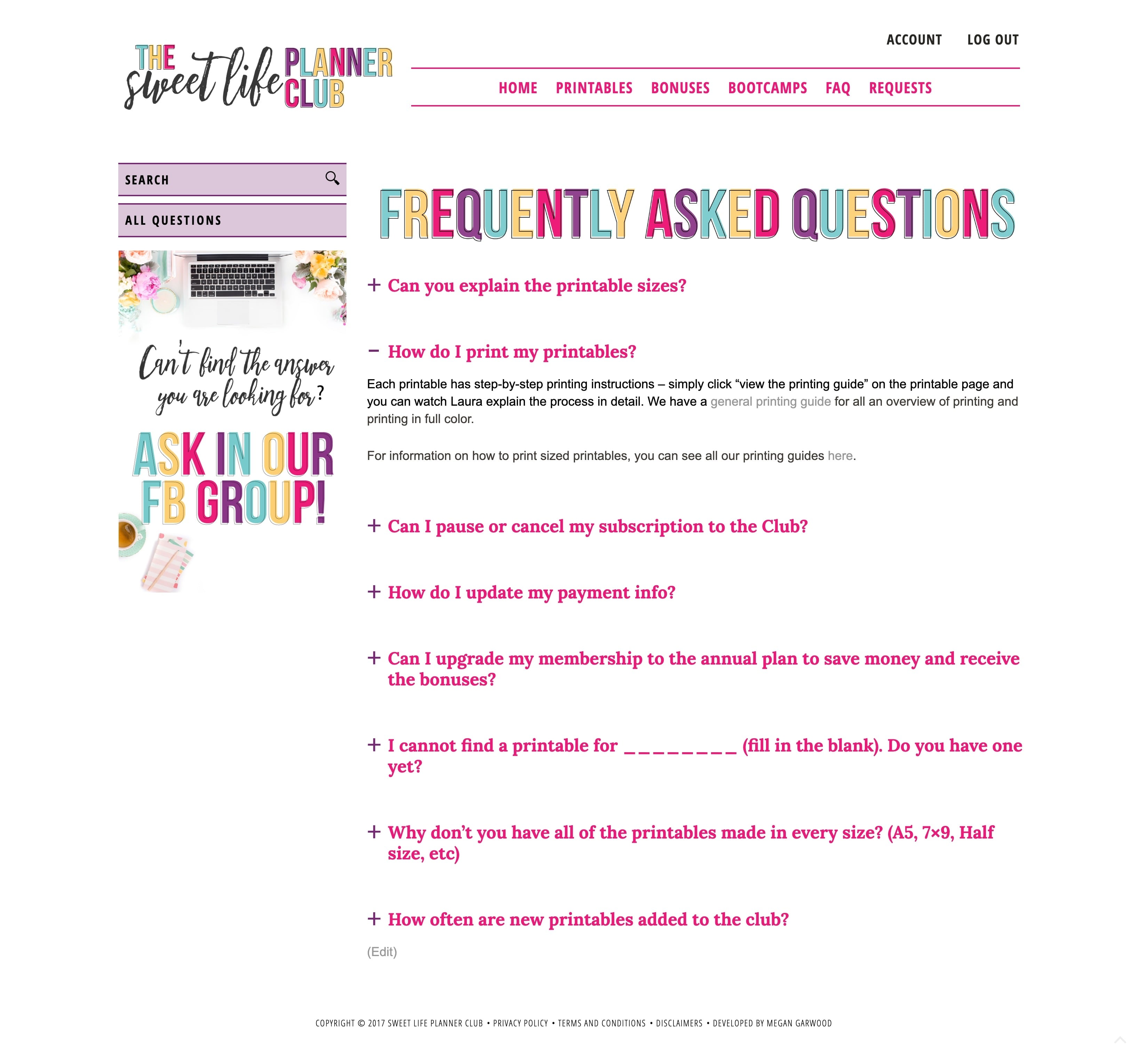 Screenshot of the Sweet Life Planner Club member FAQ on a laptop screen